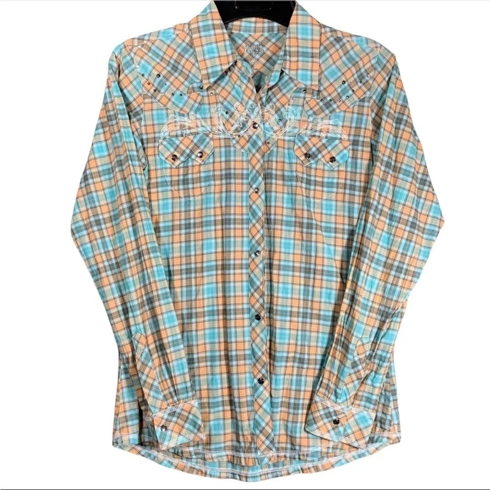 Rock 47 by Wrangler’s Women’s Green Plaid Rhinestone Snap Blouse Size L Retro